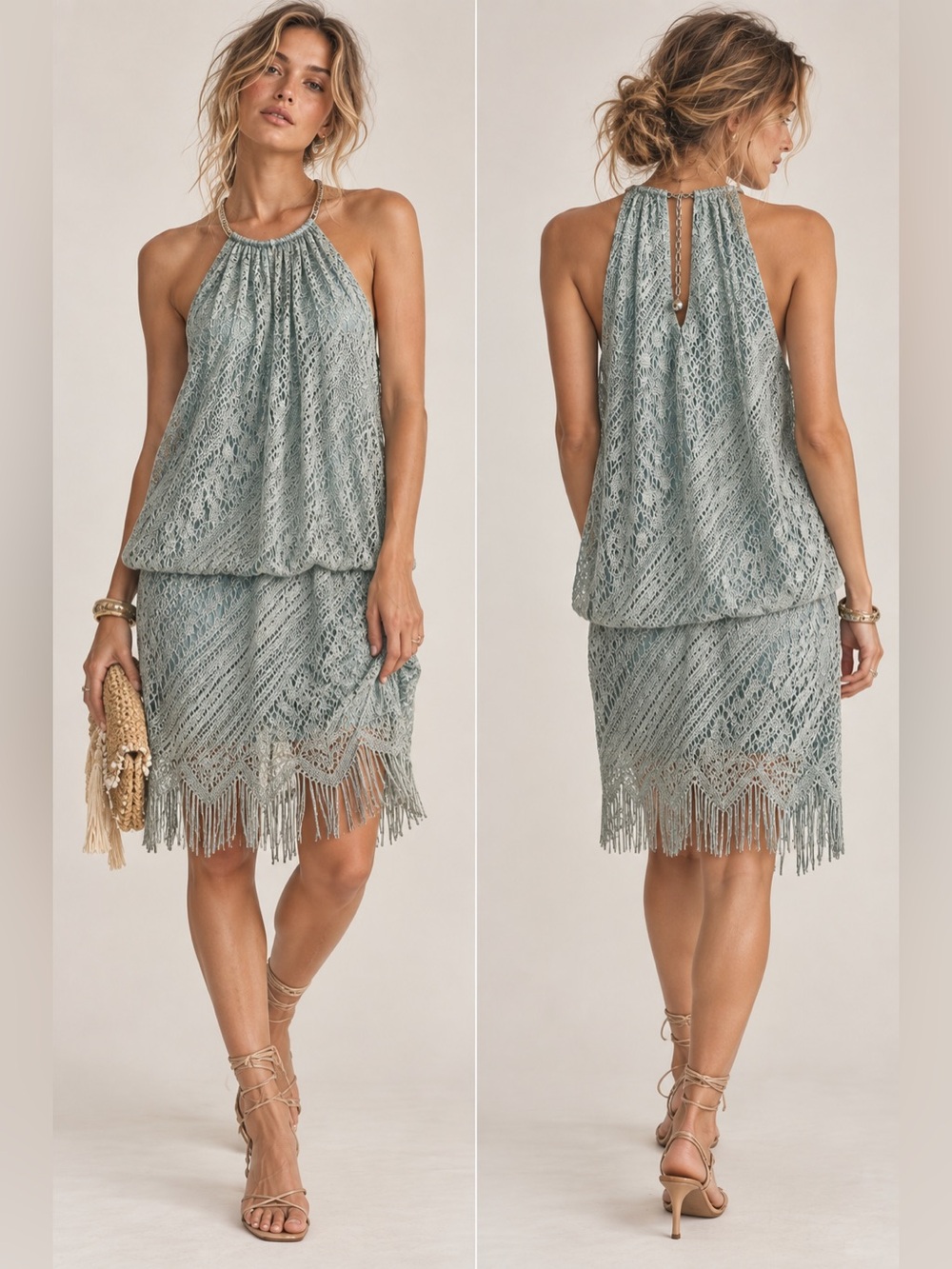 SLNY Metallic Crochet Lace Halter Fringe Dress Flapper Y2K Made in USA